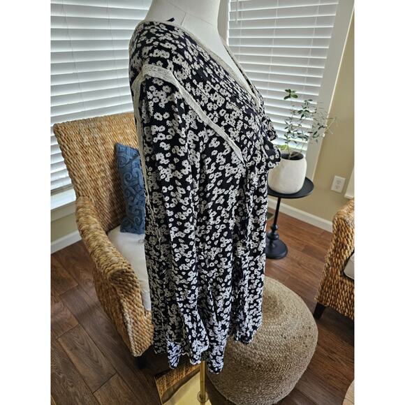 Free People Floral Bell Sleeve Babydoll Dress M Tunic Lace Trim M Festival Boho - Picture 2 of 8